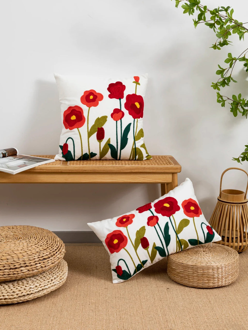 Poppy Flower Pillow Cover – Cotton Sail Fabric Cushion Cover | Modern Boho Home Decor | Housewarming Gift