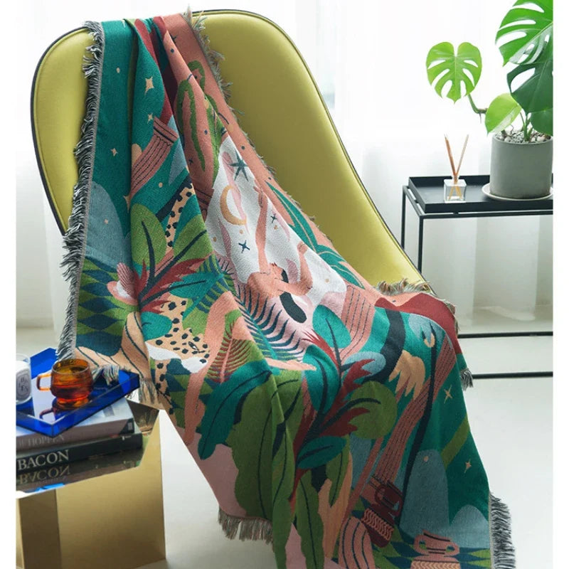 Forest Dancer Throw Blanket – Jungle Leaves Sofa Cover with Tassels
