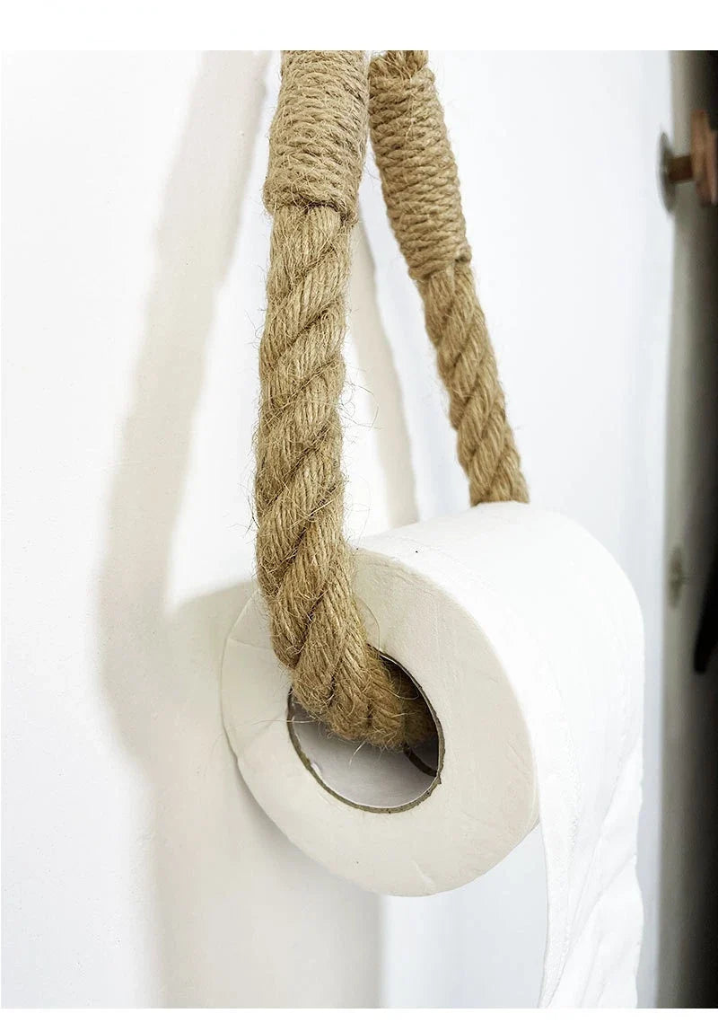 Boho Rope Toilet Paper Holder – Nail-Free Wall Mounted Handtowel Rack for Bathroom Storage & Decor