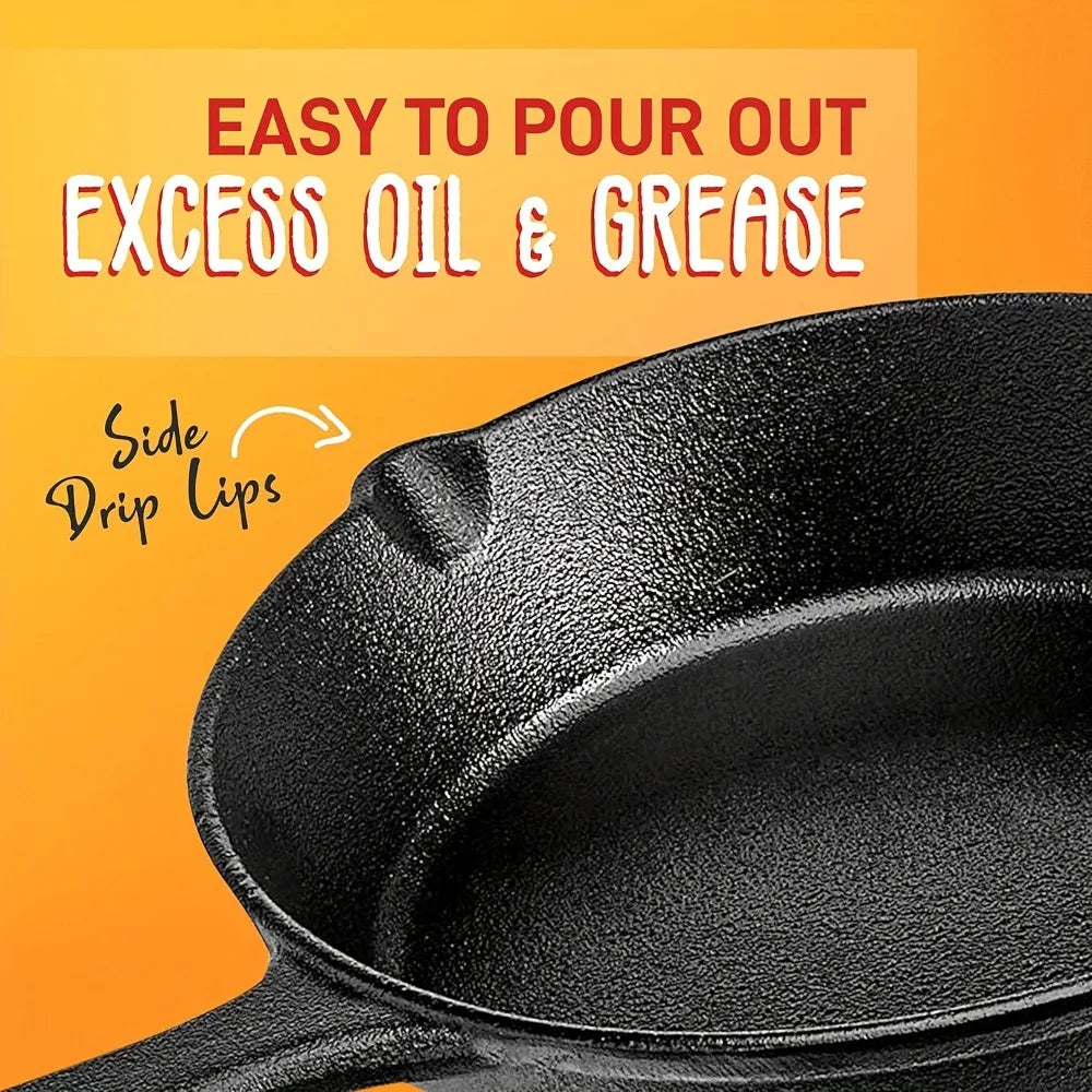 3PCS Pre-Seasoned Cast Iron Skillet Set (6/8/10 Inch) – Heavy-Duty Frying Pans for Oven, Grill & Campfire Cooking, Even Heat with Natural Non-Stick Surface