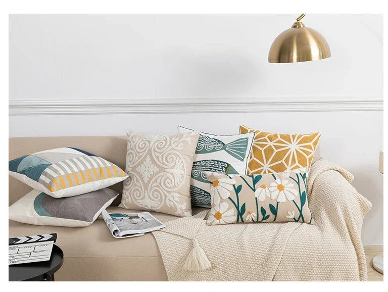 🌼 Cozy Embroidered Throw Pillow Cover – Nordic-Inspired Boho Home Decor Accent