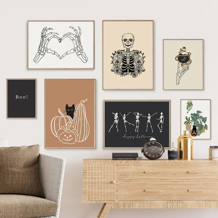 Fall Halloween Skull & Plant Canvas Wall Art Prints