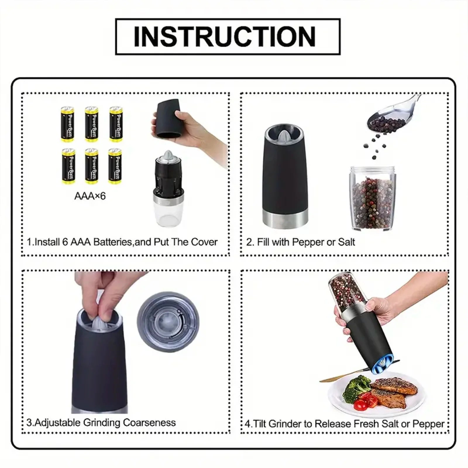 Gravity Electric Salt & Pepper Mill – Automatic Tilt-to-Grind Grinder, Battery Powered with Adjustable Coarseness & Upgraded Large Capacity