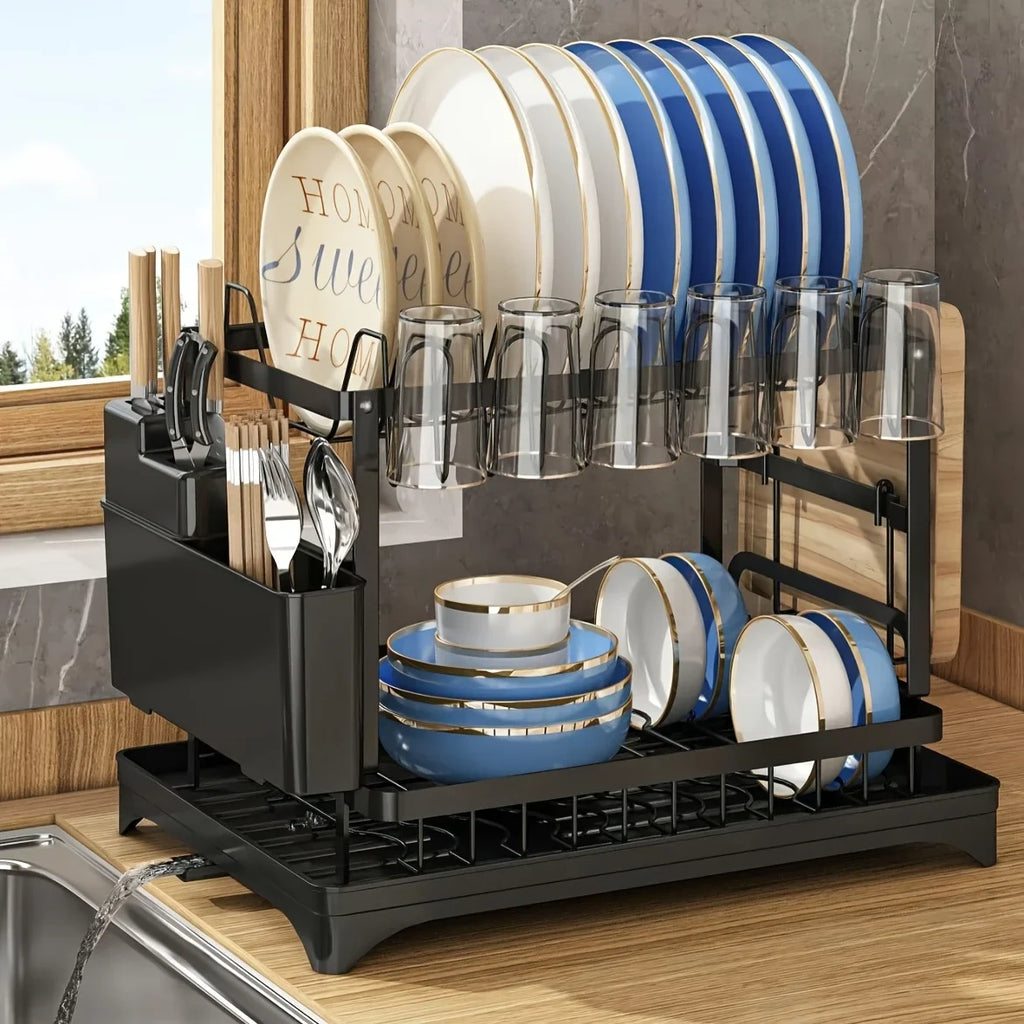 2-Tier Metal Dish Drying Rack – Black Kitchen Counter Dish Drainer with Drainboard