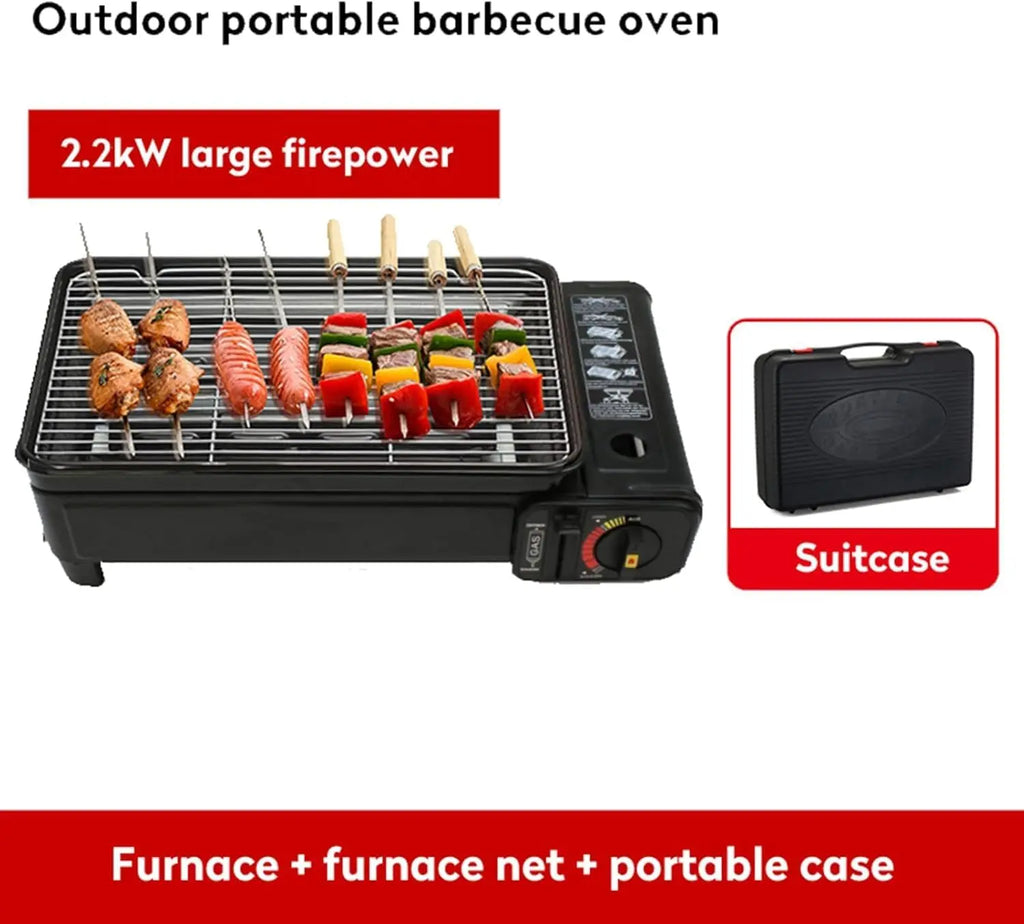 Portable Butane Gas Grill Stove Dual Inlets Adjustable Firepower with Carrying Case Grill Net for Camping Outdoor Use