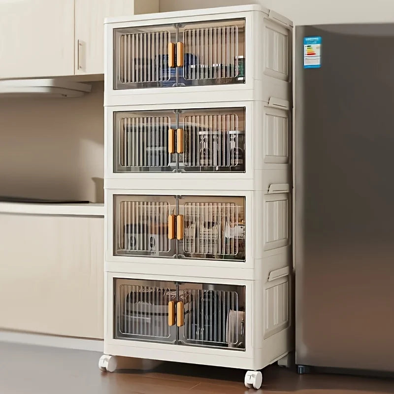 Stackable Practical Storage Cabinet with Doors and Wheels - Spacious Multi-functional Plastic Organizer - Practical Storage Rack