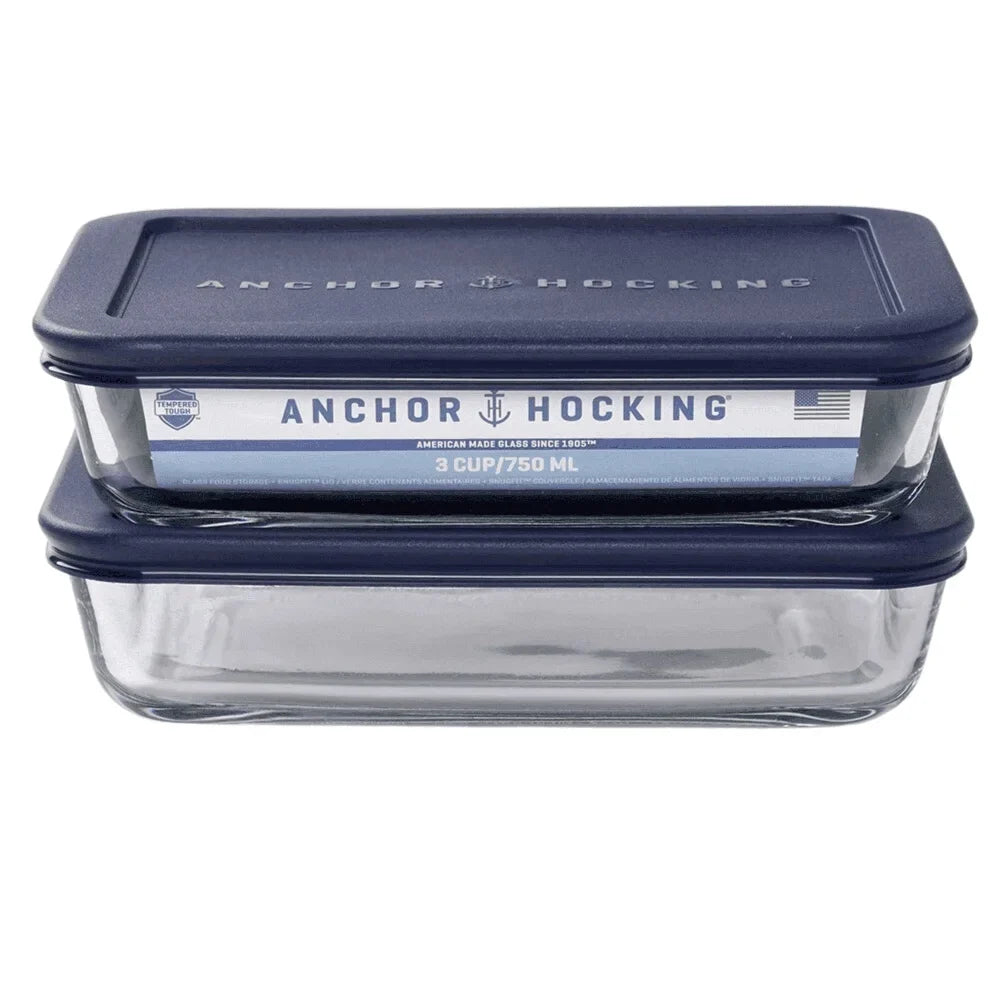 Glass Food Storage Containers Set of 2 Ergonomic Lids BPA Free Versatile Microwave Dishwasher Safe 3 Cup Rectangular Jars