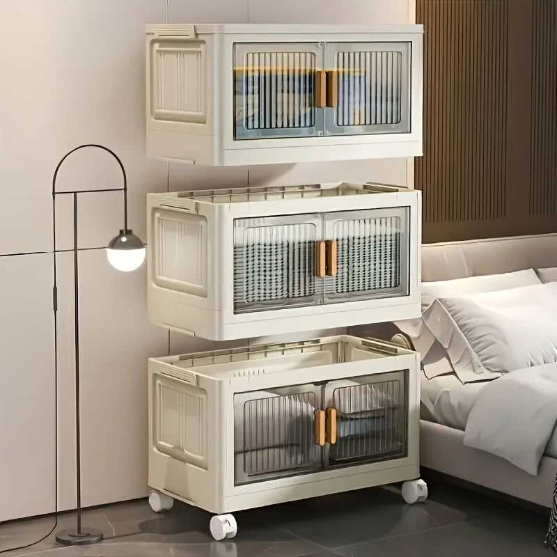 Stackable Practical Storage Cabinet with Doors and Wheels - Spacious Multi-functional Plastic Organizer - Practical Storage Rack