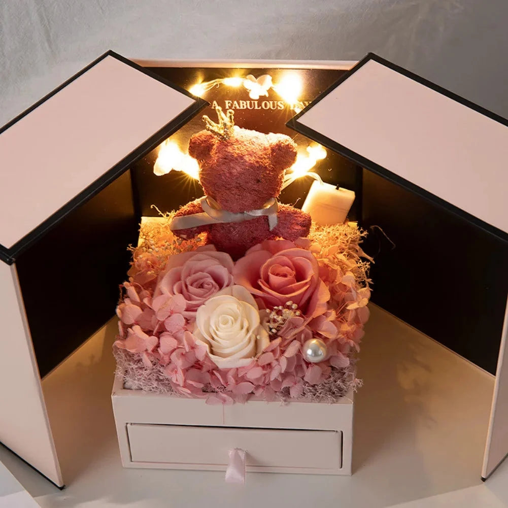 Rose Bear Gift Box with Eternal Rose and Necklace
