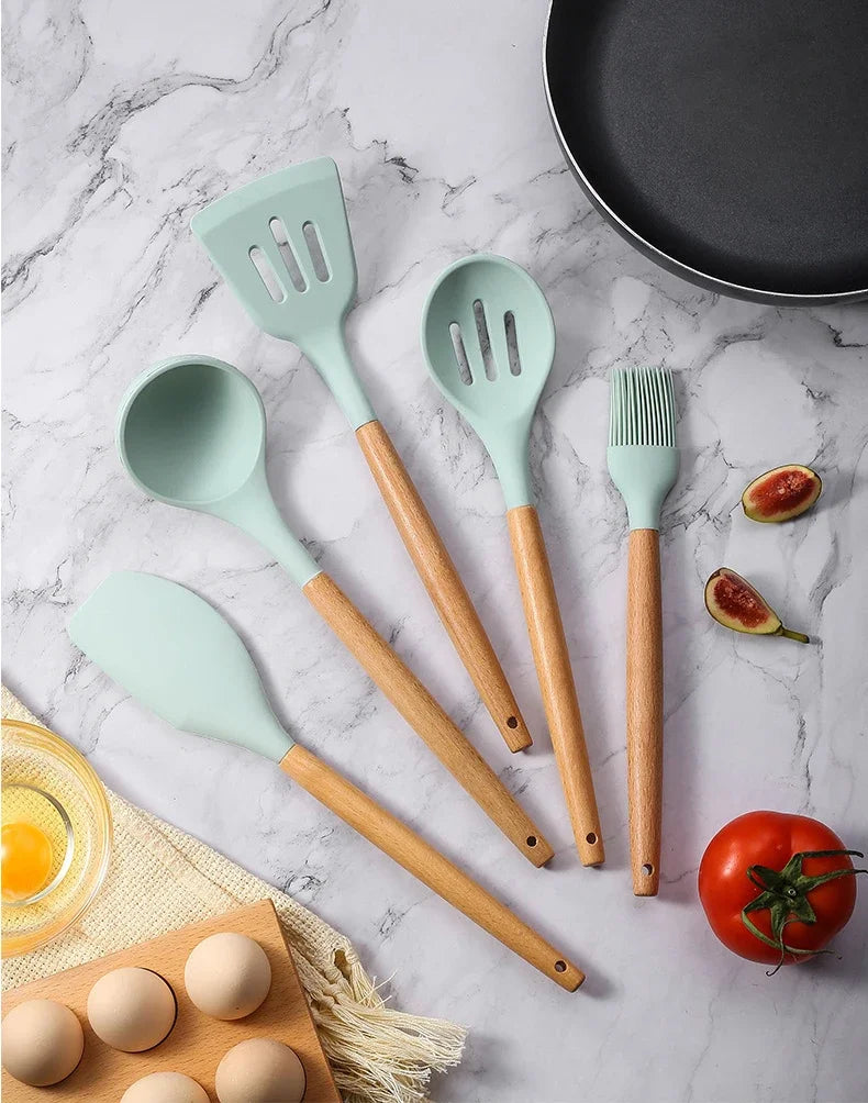 12pcs Silicone Cooking Utensil Set – Multi-Color, Heat-Resistant Kitchen Tools with Wooden Handles, Non-Stick Spatulas & Spoons