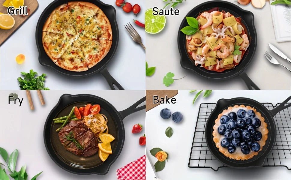 3PCS Cast Iron Skillet Set (6/8/10 Inch)  Pre-Seasoned, Heavy-Duty Pans for Oven, Grill & Campfire, Even Heat, Non-Stick Surface