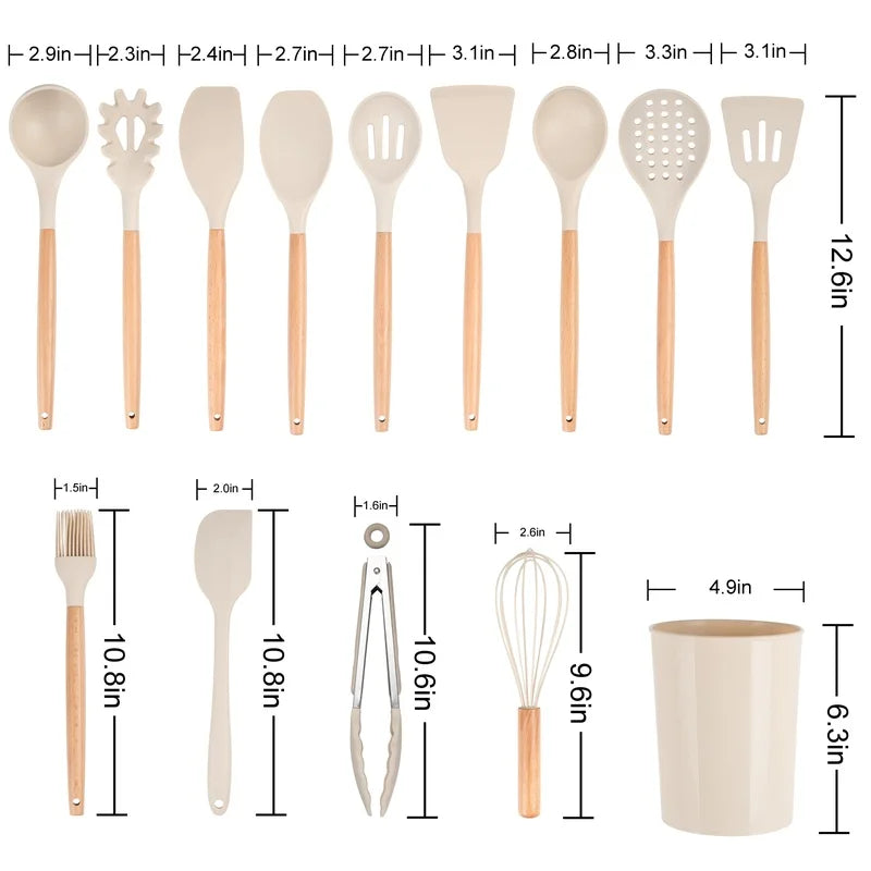 14pcs Kitchen Cooking Utensil Set with Caddy Heat Resistant Silicone Tools Non Stick Cookware Food Safe BPA Free Dishwasher Safe