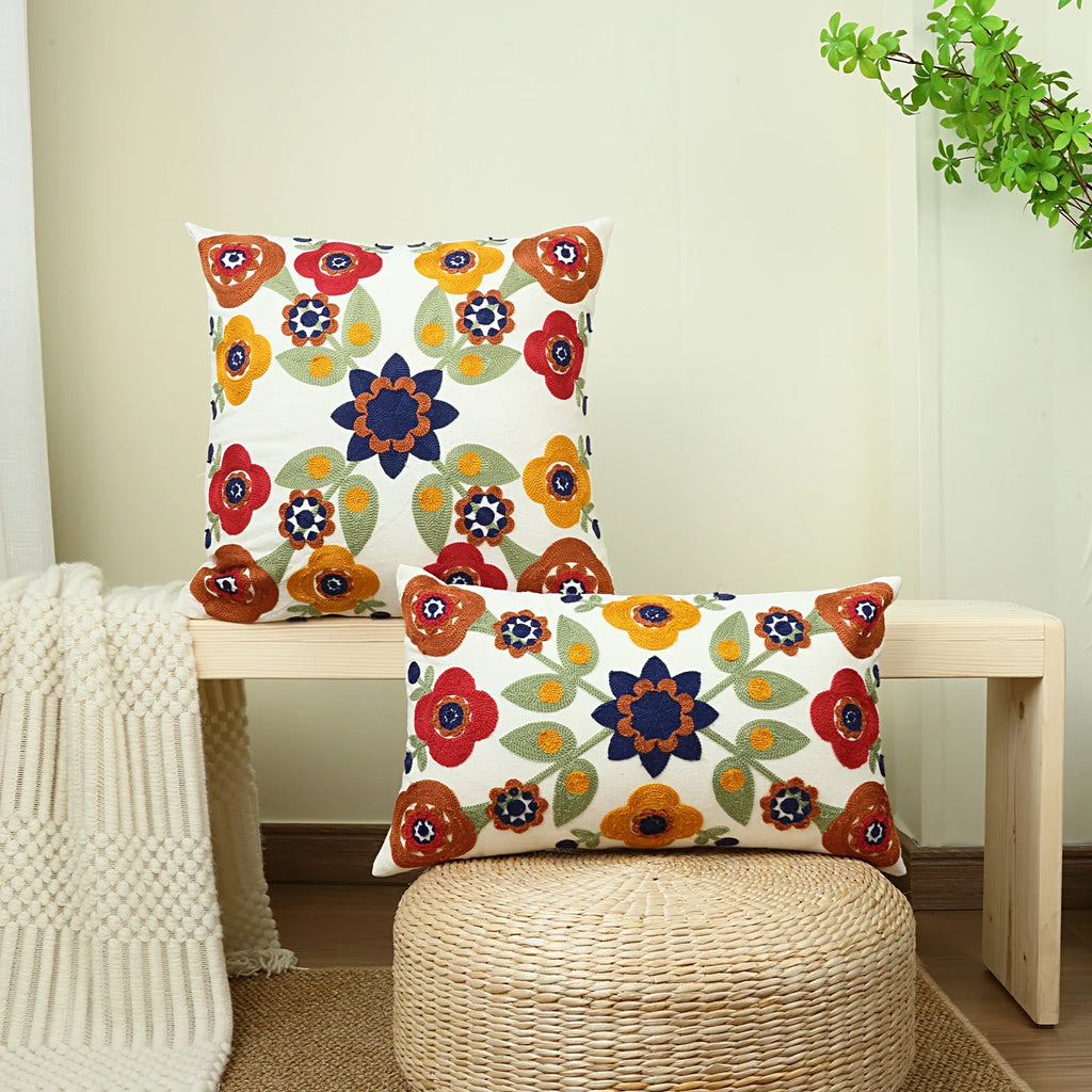 Boho Floral Embroidered Canvas Pillow Cover