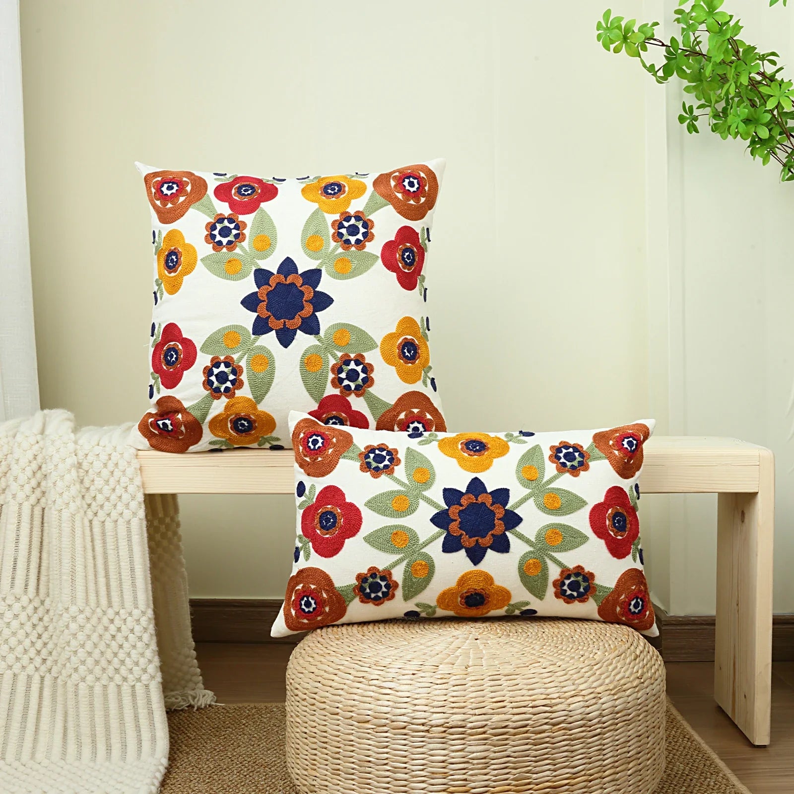 Boho Floral Embroidered Canvas Pillow Cover