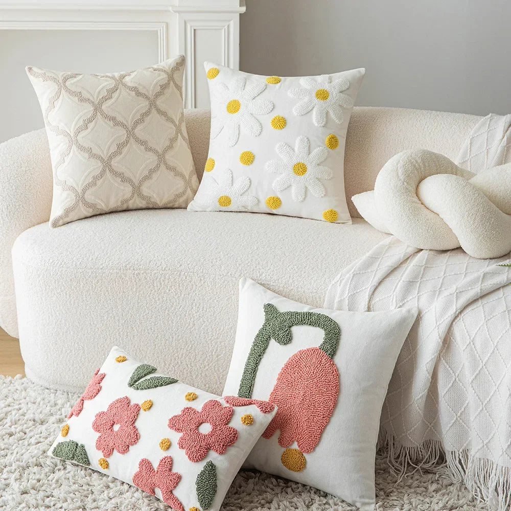Embroidered Flower Throw Pillow Covers – Boho Cotton Cushion Covers for Bed, Sofa & Home Decor (30x50cm / 45x45cm)