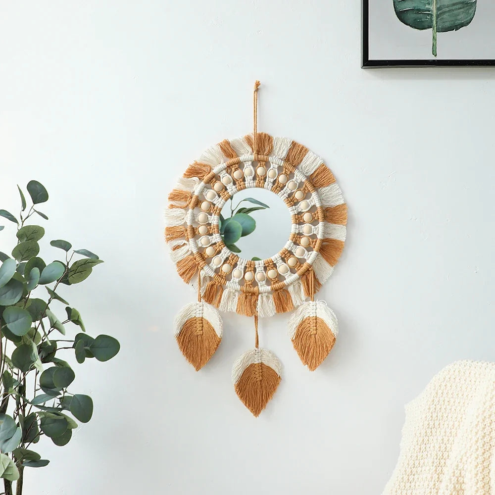 Boho Round Decorative Leaf Macrame Wall Mirror