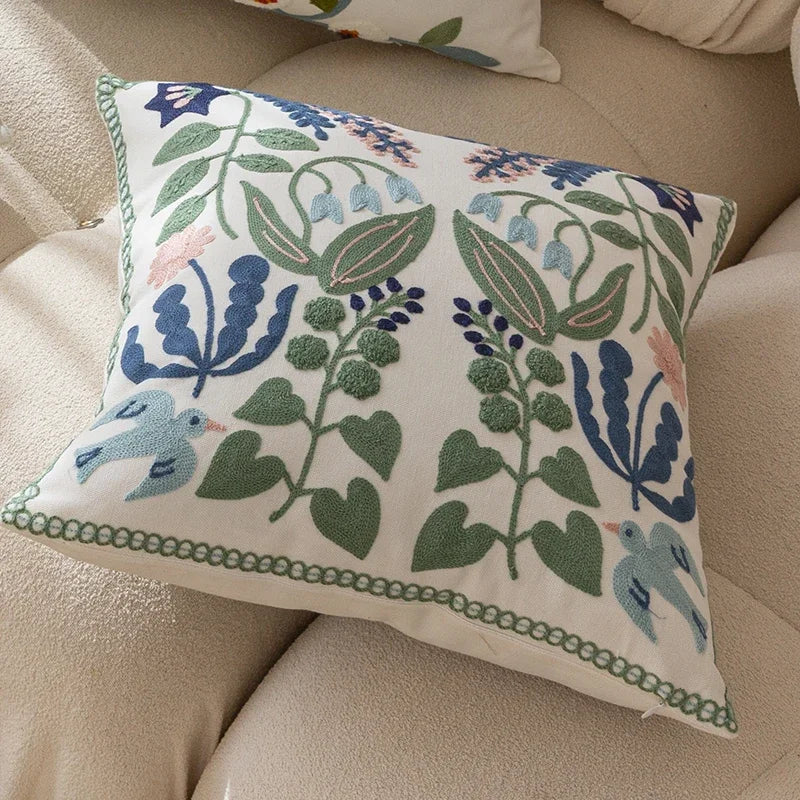 Floral Embroidered Cotton Pillow Cover