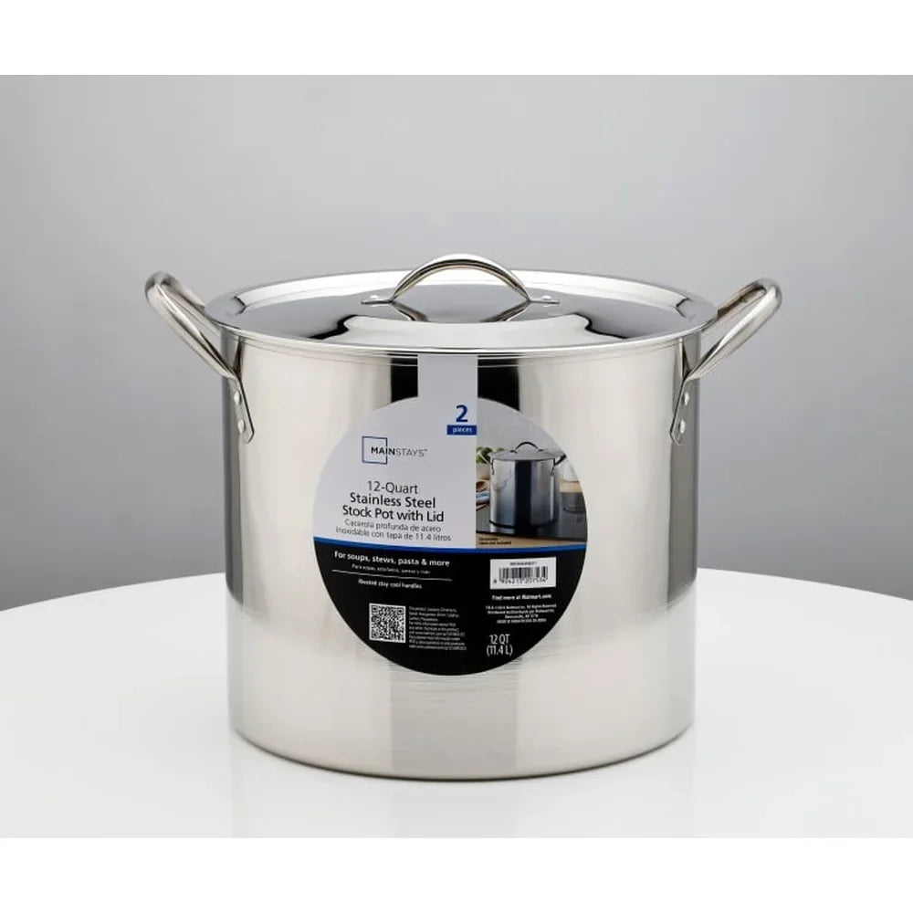 12 Quart Stainless Steel Stock Pot Heavy Duty Cooking Pot with Stay Cool Handles Soup Stew and Stock Preparation