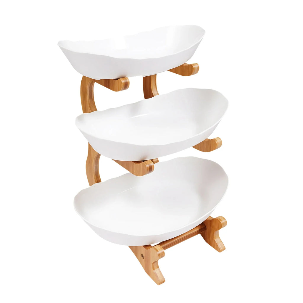 3-Tier Fruit Plate,Snack Dessert Cake Tray Plate Rack for Party Wedding,Fruit Bowl W/ Bamboo Wood Stand,Candy Dish Cake Stand