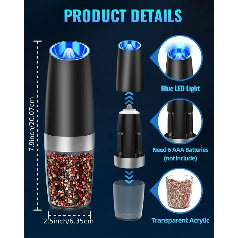 Gravity Electric Salt & Pepper Mill – Automatic Tilt-to-Grind Grinder, Battery Powered with Adjustable Coarseness & Upgraded Large Capacity