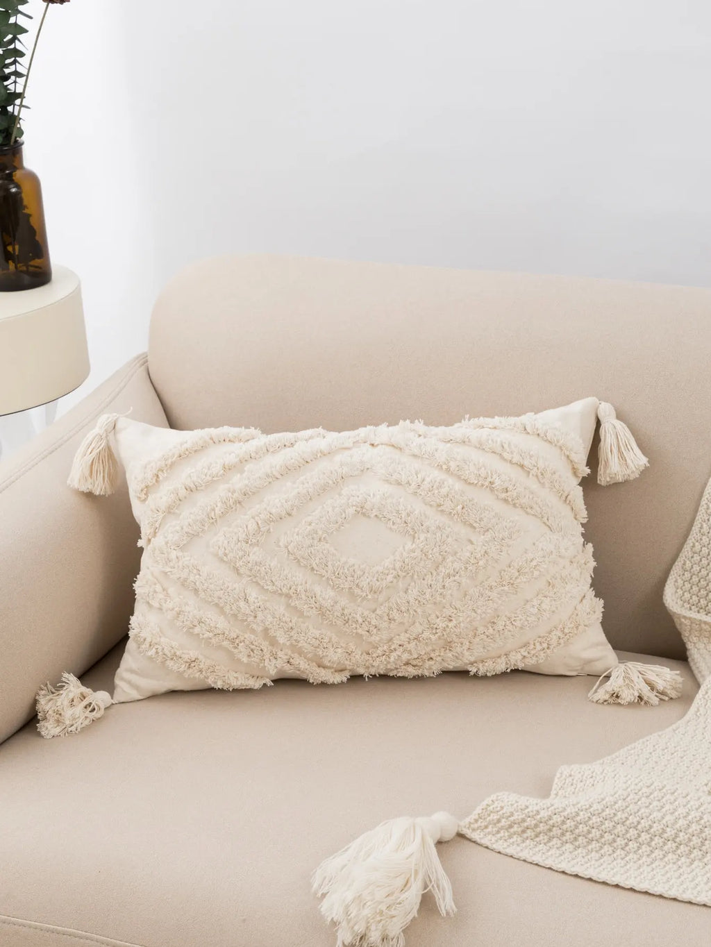Beige Diamond Shaped Tufted Fringed Pillow Cover