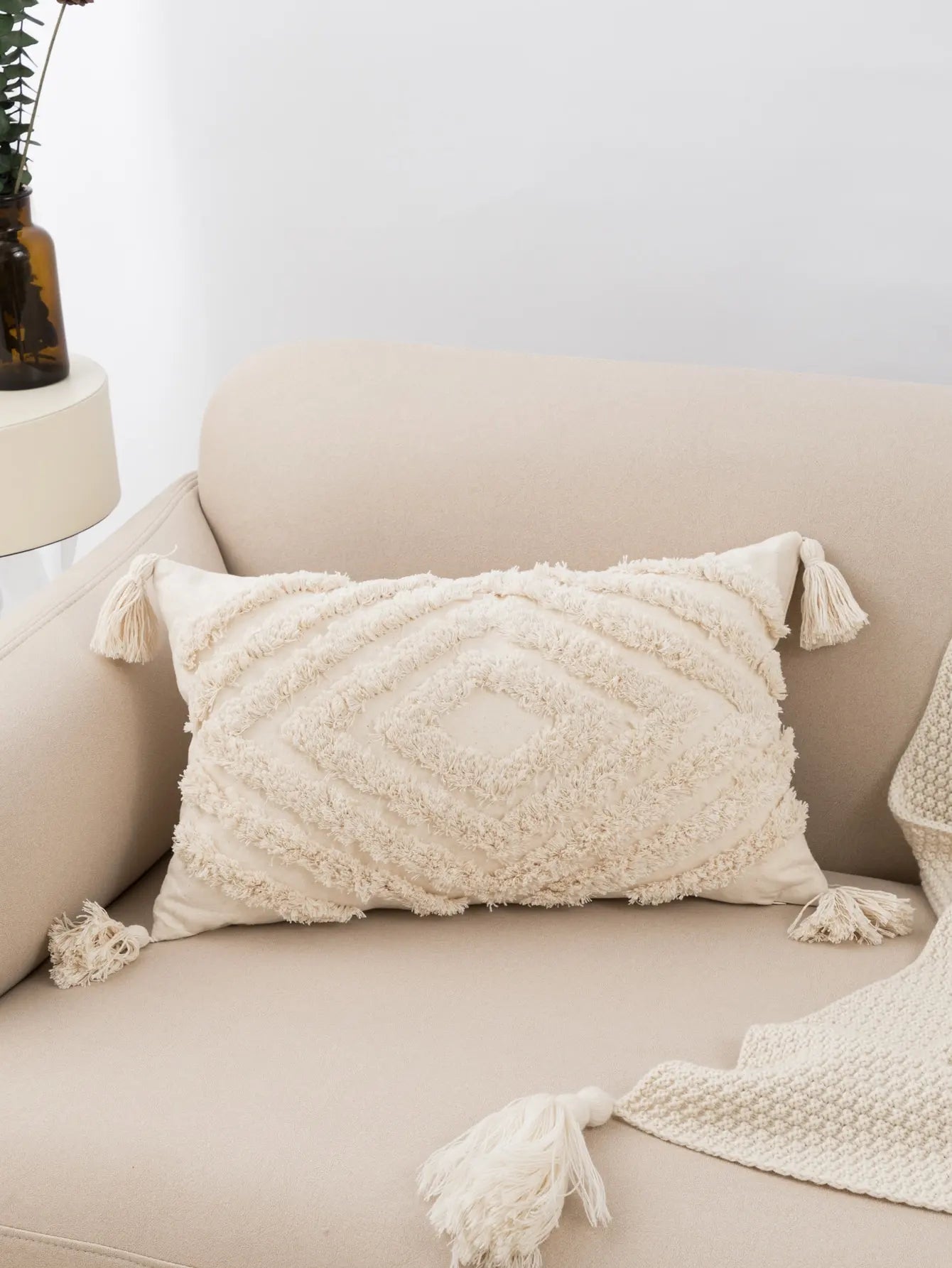 Beige Diamond Shaped Tufted Fringed Pillow Cover