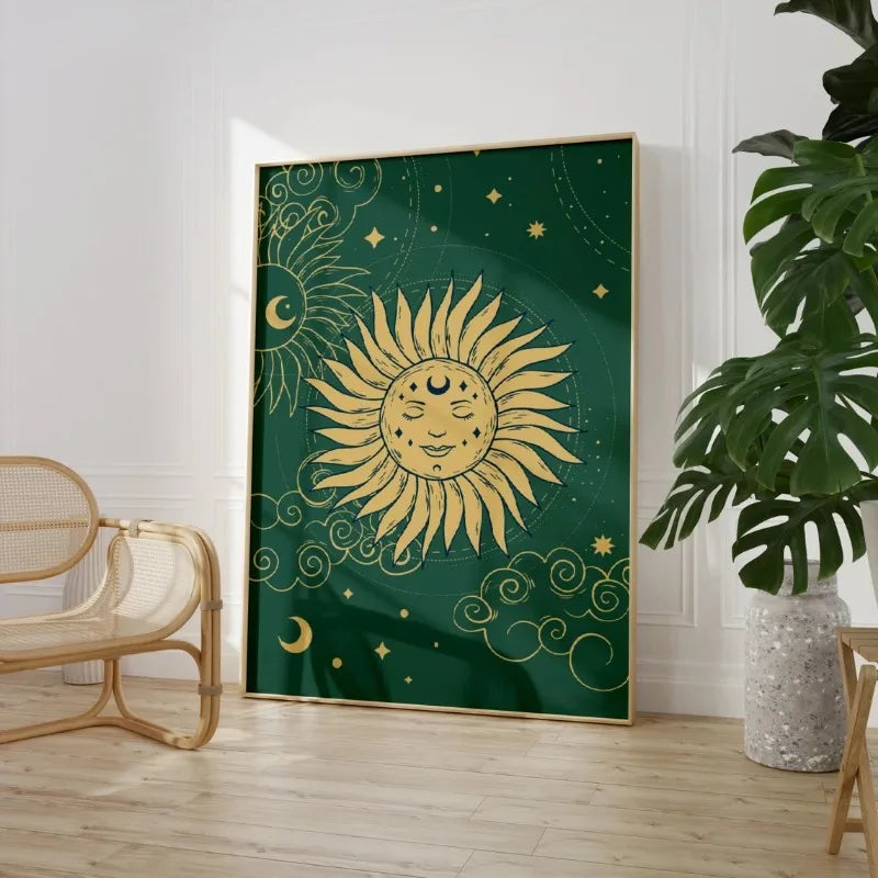 Celestial Green & Gold Sun + Moon Canvas Wall Art