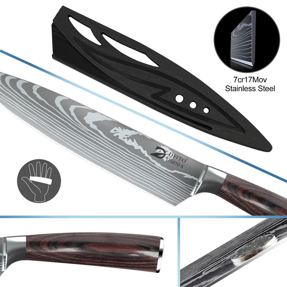 8pcs Kitchen Knife Damascus Stainless Steel Chef Knife Utility Paring Boning Cleaver Slicing Santoku Knives With Nylon Bag