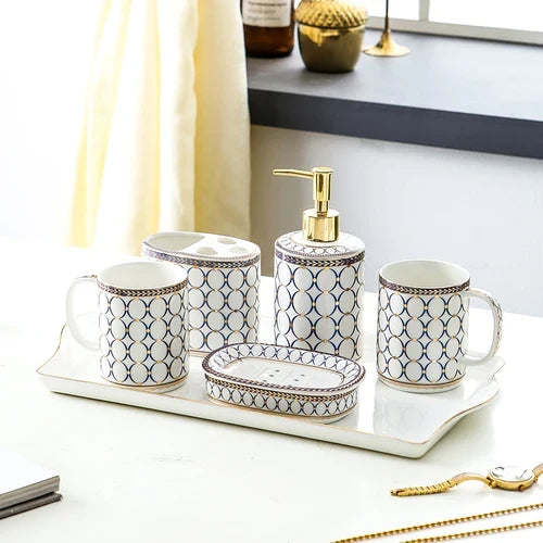 Ivory Porcelain & Gold-Plated Ceramic Bathroom Set – Black