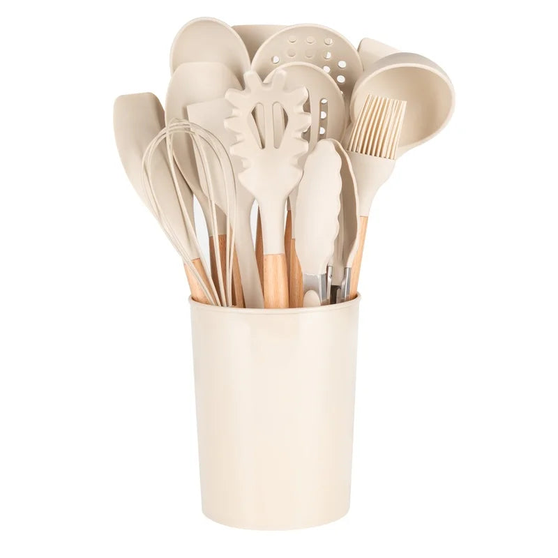 14pcs Kitchen Cooking Utensil Set with Caddy Heat Resistant Silicone Tools Non Stick Cookware Food Safe BPA Free Dishwasher Safe
