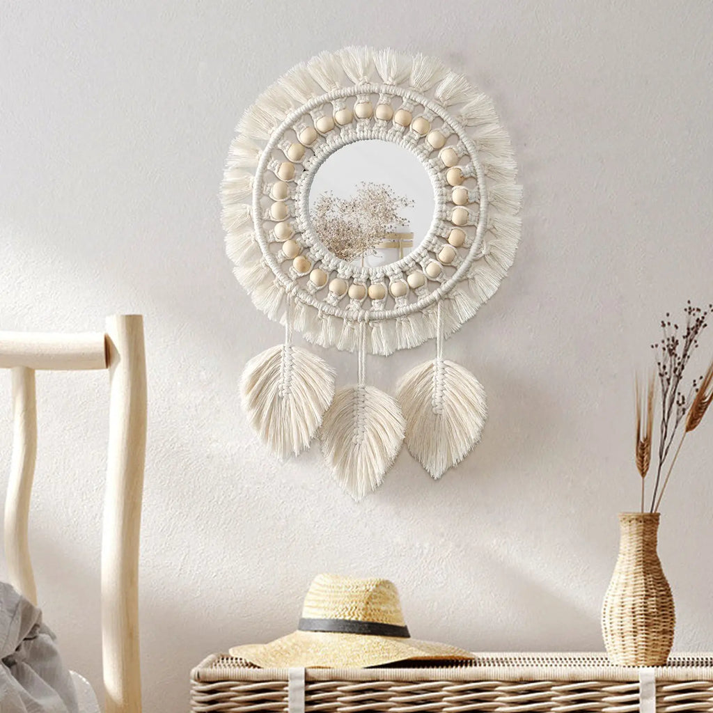 Boho Macrame Round Wall Mirror – Decorative Hanging Mirror for Bedroom & Living Room - Cream with Hanging Leaves