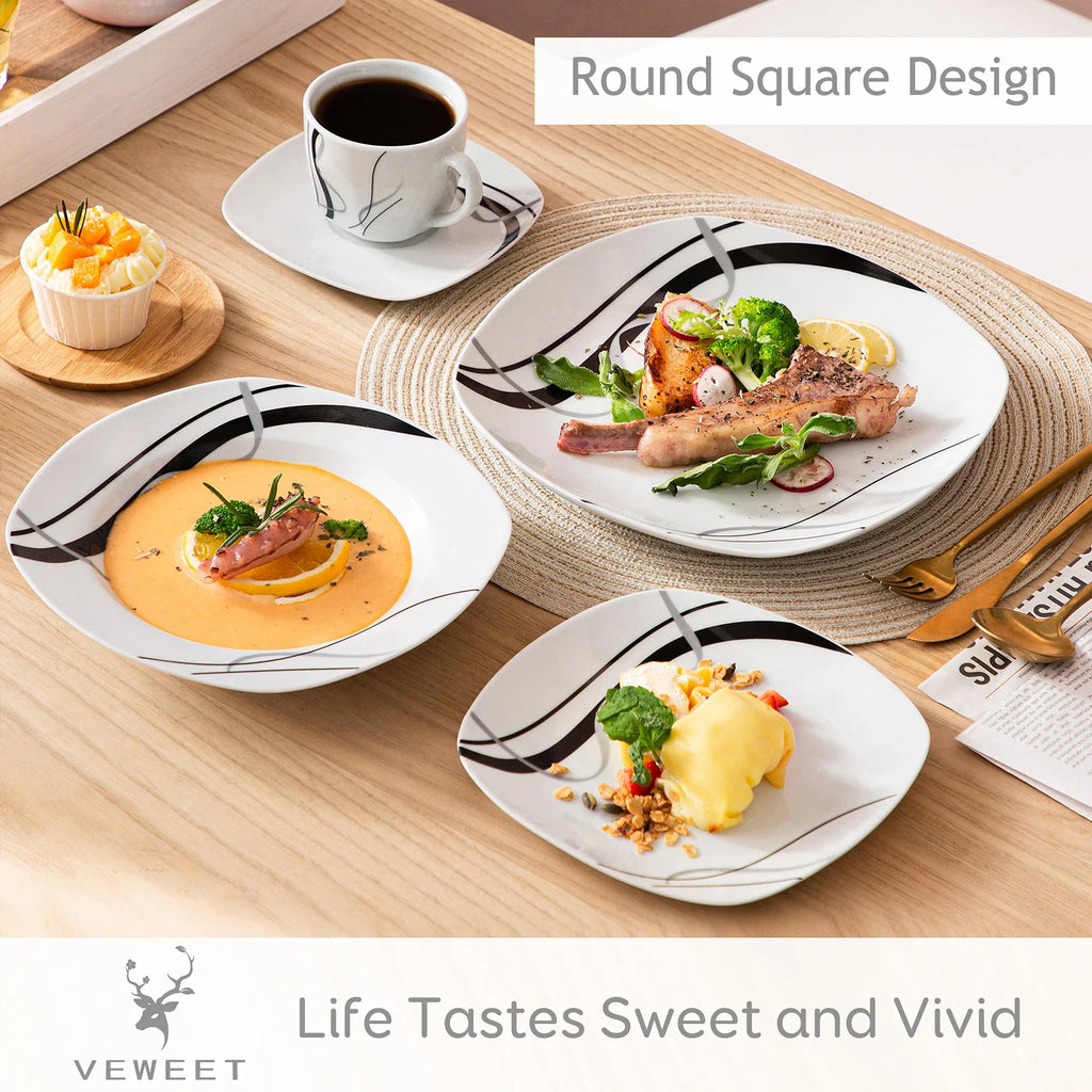 VEWEET FIONA Porcelain Tableware Set – 30/60-Piece Black Line Dinner, Soup & Dessert Plates with Cups & Saucers