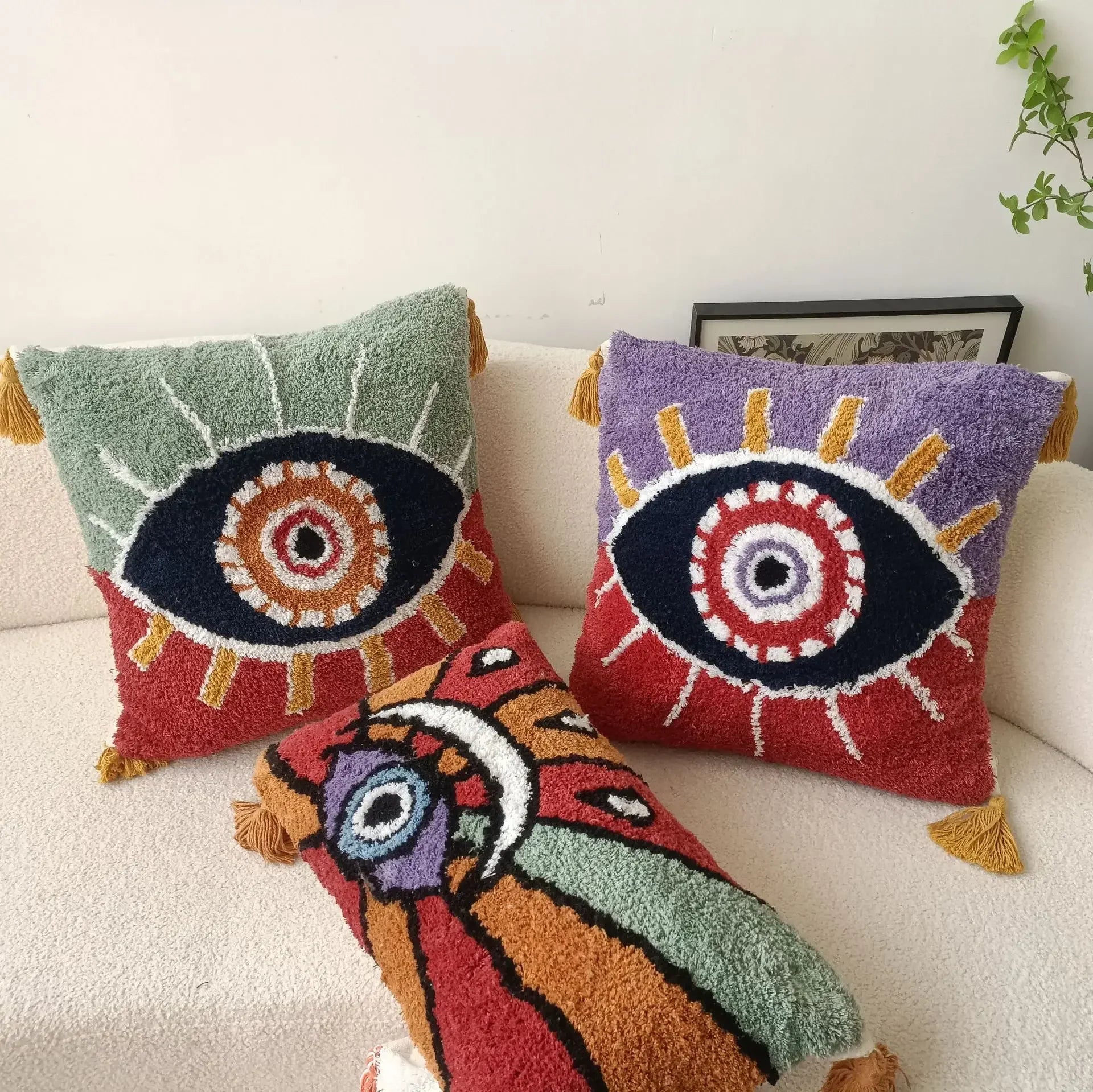 Evil Eye Tufted Embroidered Throw Pillow Cover – Bohemian Cushion Case