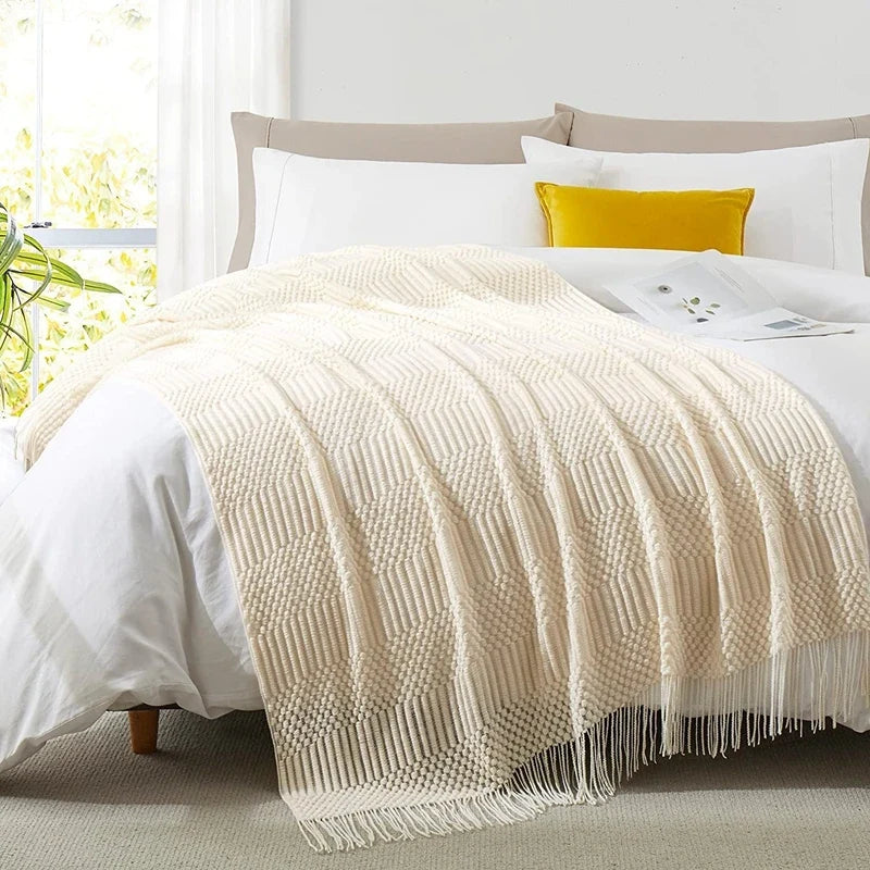 Soft Knit Boho Throw Blanket – Lightweight Acrylic Travel & Home Decor Accent with Fringe