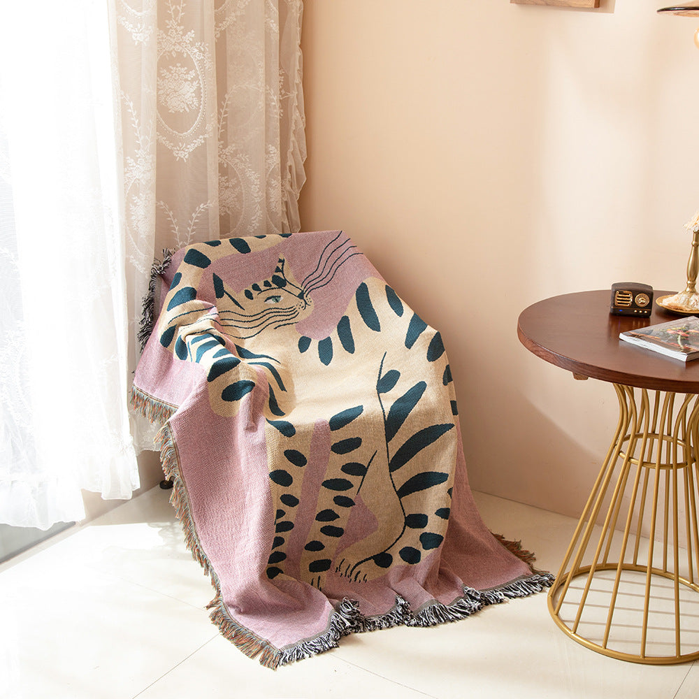 Textile City Ins Pink Girl Cat Throw Blanket – Woven Cotton Tapestry Sofa Cover & Picnic Mat