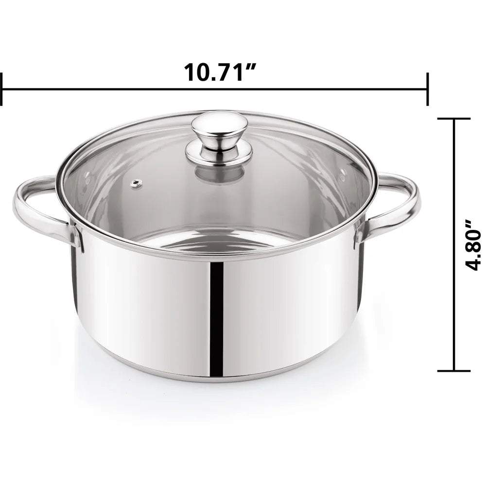 Stainless Steel 10Pc Cookware Set Induction Compatible Durable Cookware with Glass Lids Serving Utensils Family Meals