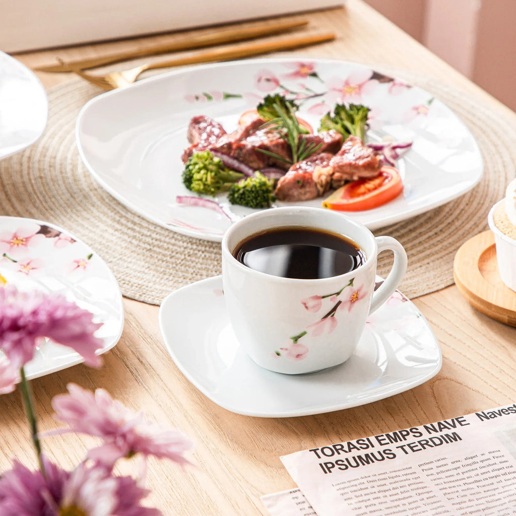 VEWEET ANNIE 60-Piece Porcelain Dinnerware Set – White Ceramic Pink Floral Plates, Bowls, Cups & Saucers for 12 People