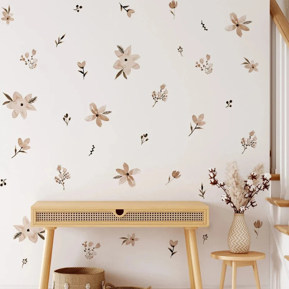 Boho Floral Leaf Wall Stickers – Removable 3D Vinyl Decals for Kids' Nursery & Home Decor - Pink Flowers