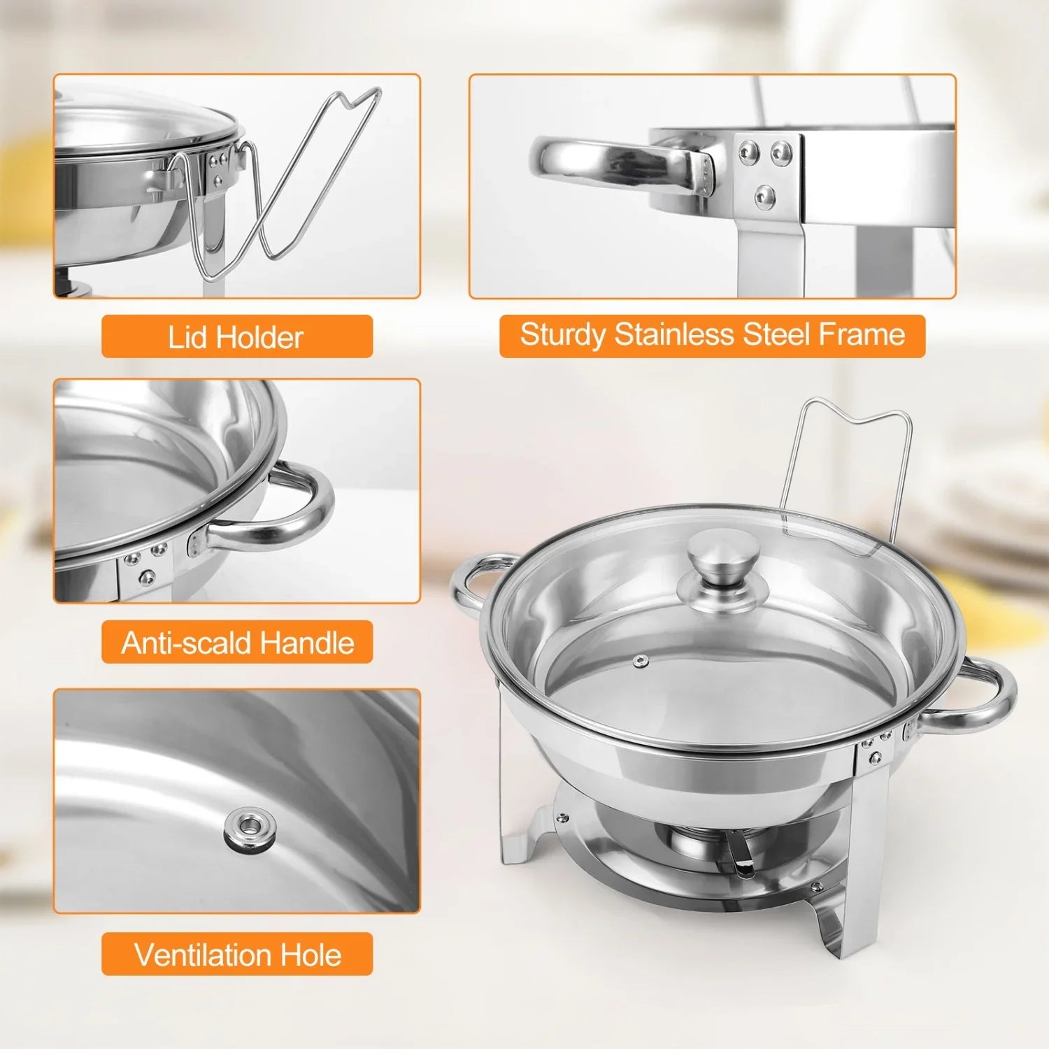 2/4 Pack Chafing Dish Buffet Set, 5QT Buffet Servers and Warmers, Round Catering Warmer with Glass Lid & Lid Holder for Party