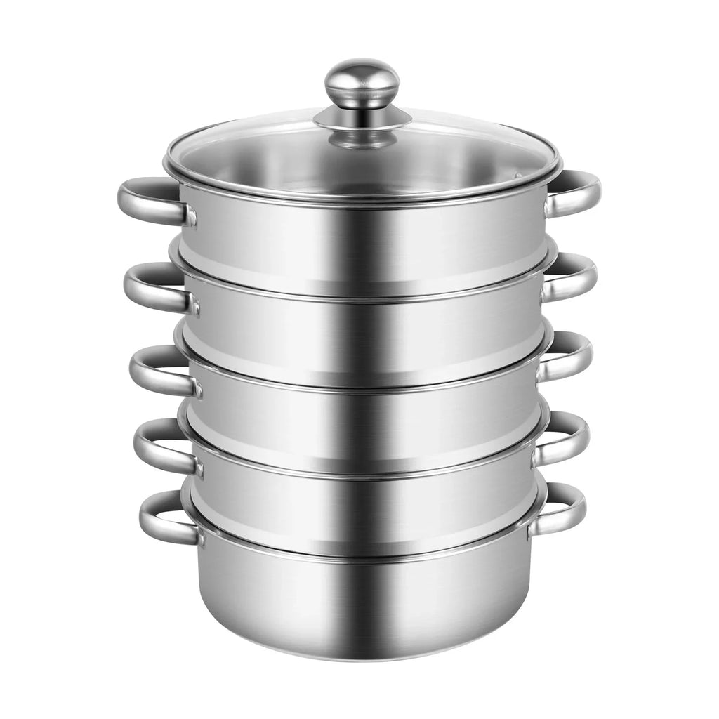 5-Tier Stainless Steel Steamer 15kg  Adjustable Grids Glass Lid for Home Kitchen Restaurant Dormitory Cooking