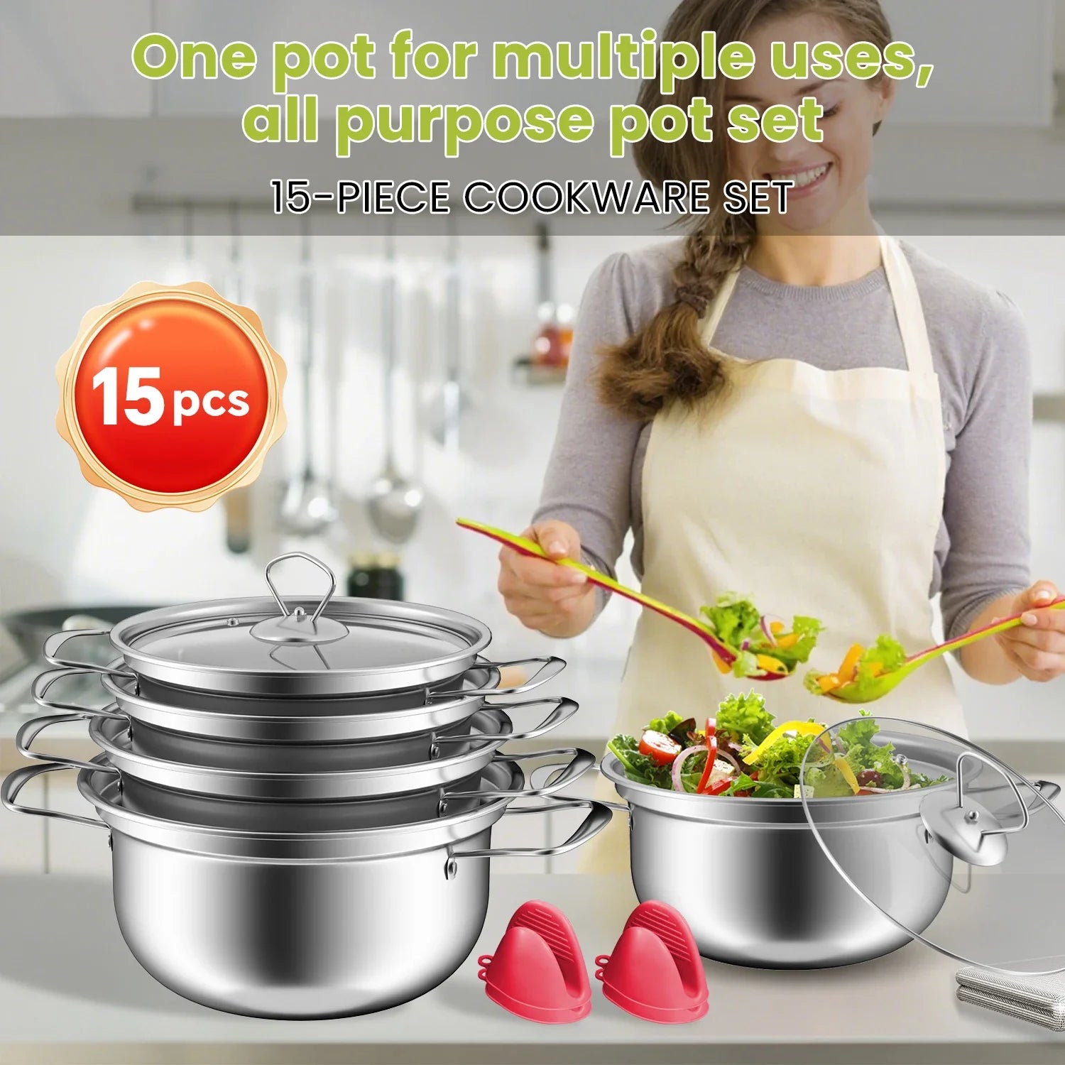 15-piece stainless steel cookware set, non-stick pan set, frying pan, stew pot, wok, multi-functional, stylish, durable, the per