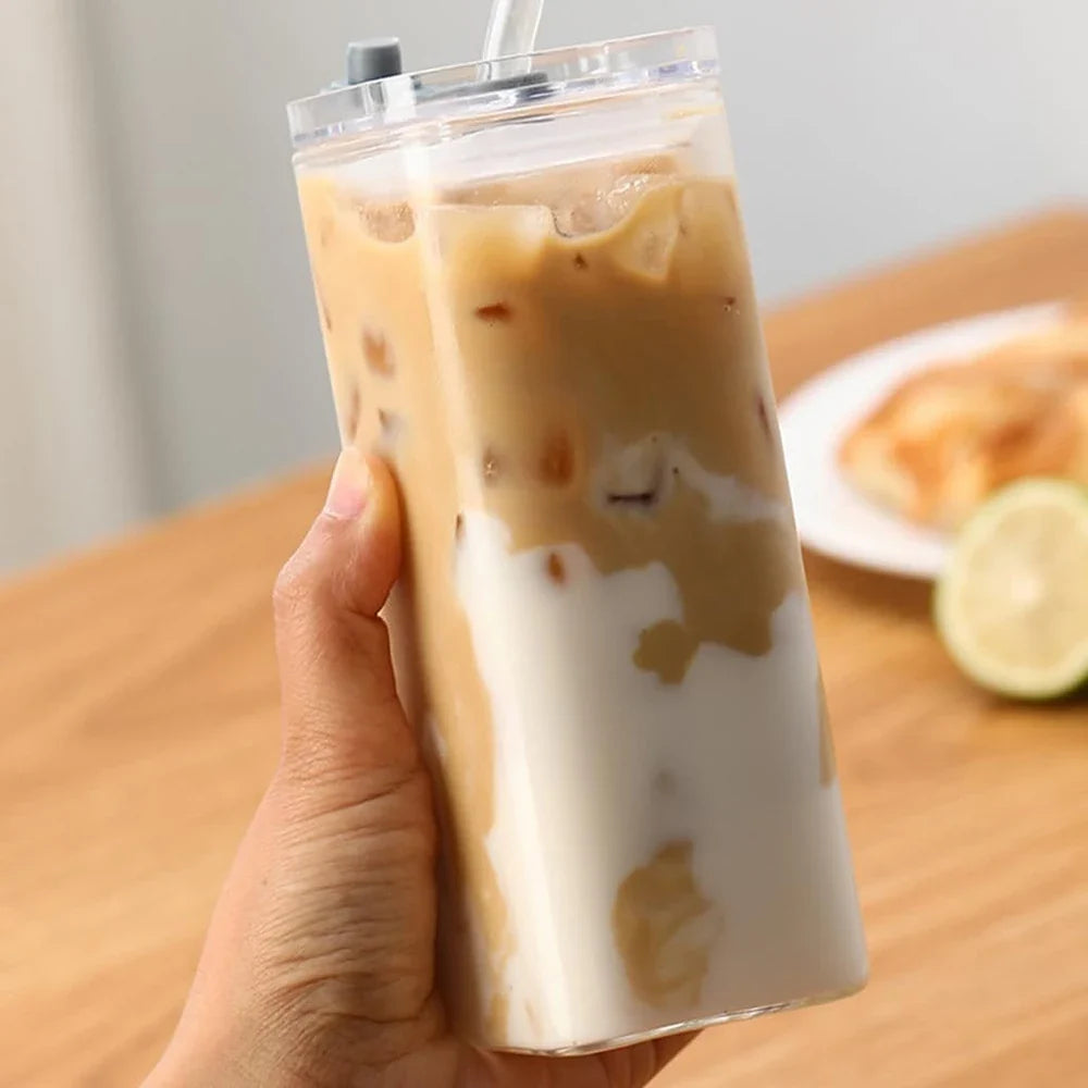 2-Piece Square Glass Cup Set with Lid & Straw – Hot & Cold Drinkware