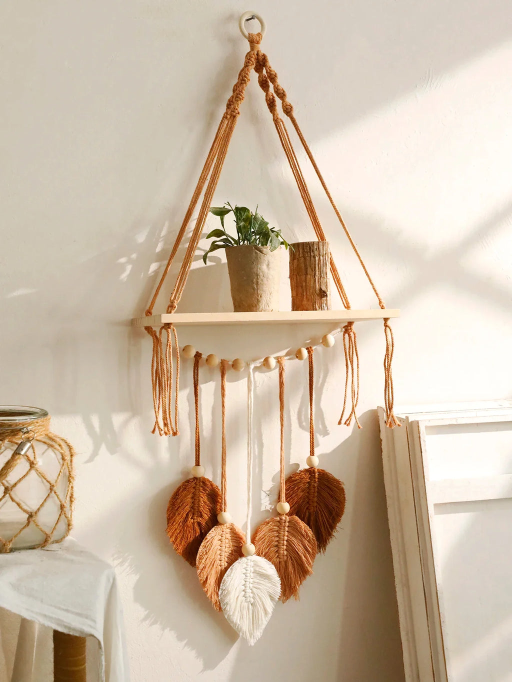 Boho Macrame Floating Wall Shelf with Leaf Tassels