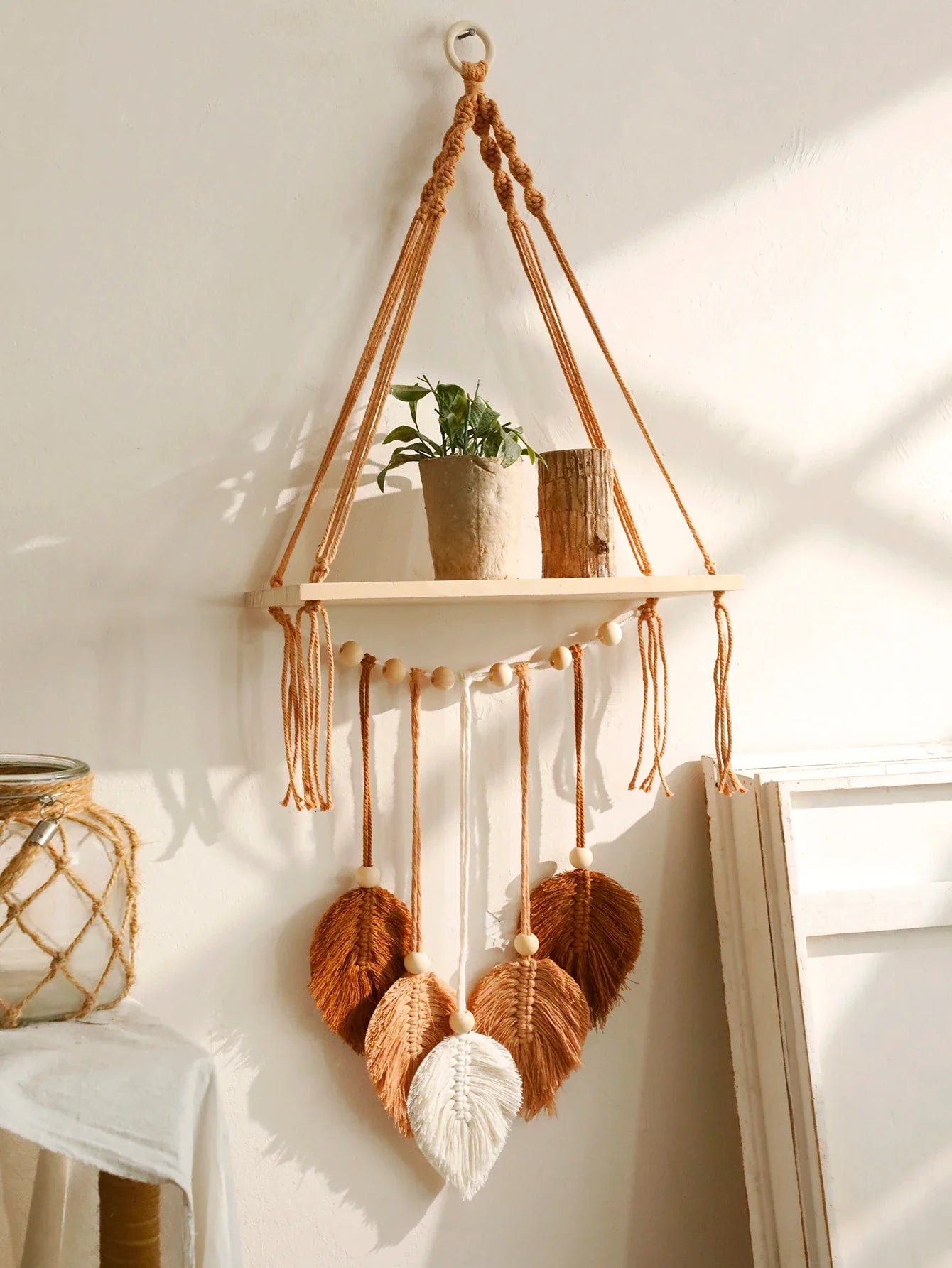 Boho Macrame Floating Wall Shelf with Leaf Tassels