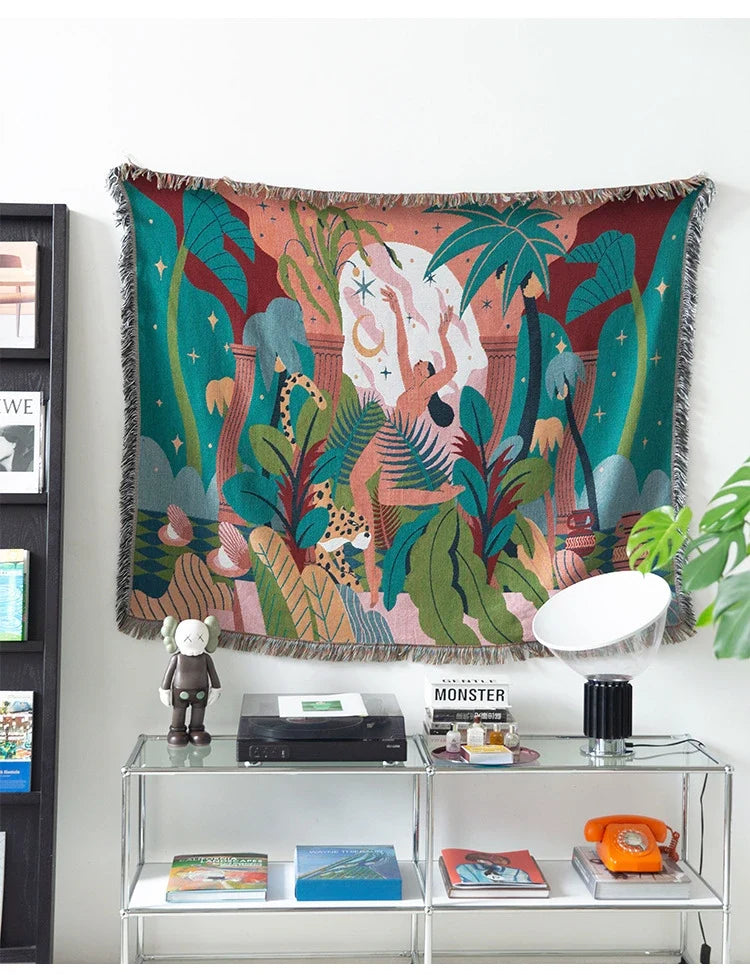 Forest Dancer Throw Blanket – Jungle Leaves Sofa Cover with Tassels