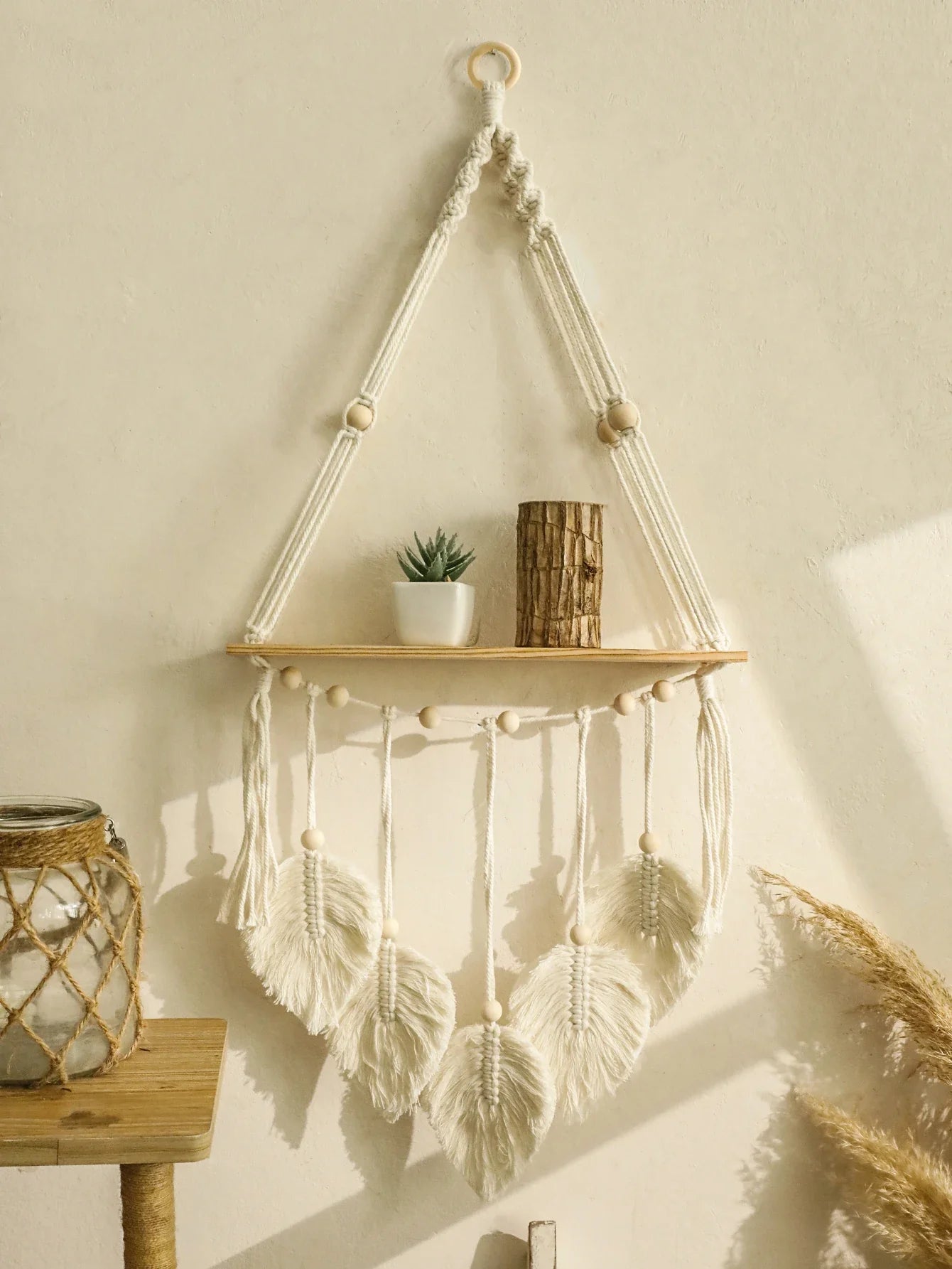 Boho Macrame Floating Wall Shelf with Leaf Tassels