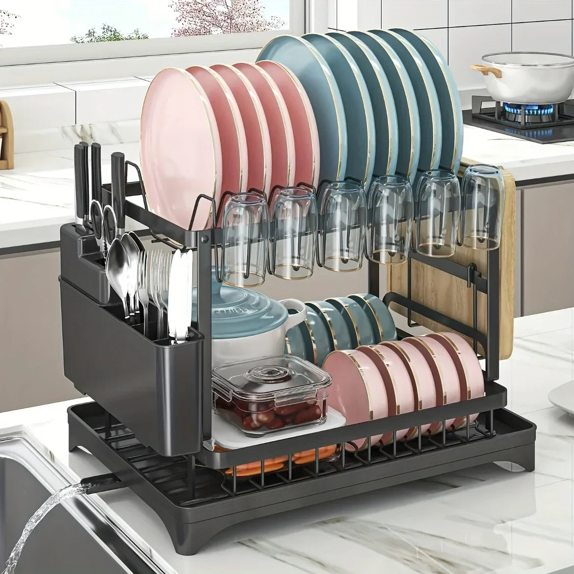 2-Tier Metal Dish Drying Rack – Black Kitchen Counter Dish Drainer with Drainboard