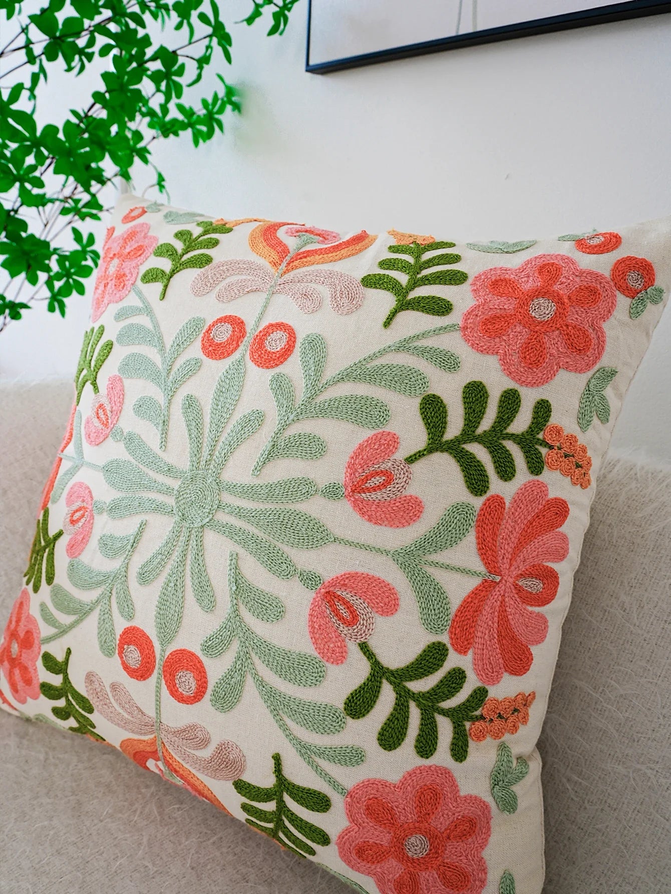 Colorful Flower Embroidery Throw Pillow Cover