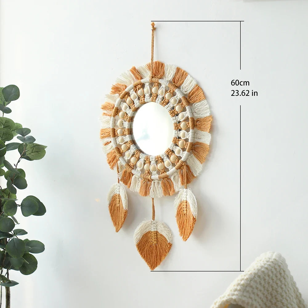 Boho Round Decorative Leaf Macrame Wall Mirror