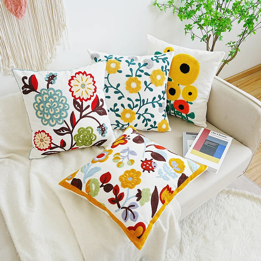 Boho Home Decor Floral Embroidered Pillow Cover – Square Decorative Cushion Case for Sofa & Home